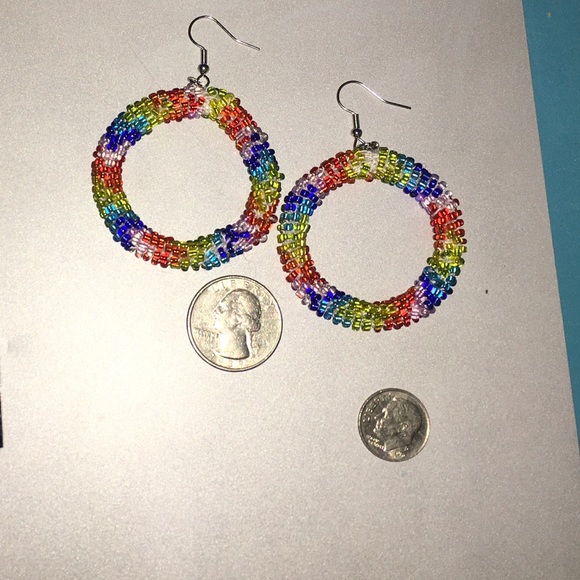 Hand Crafted Rainbow Bead Crochet Hoop Earrings - Picture 3 of 6